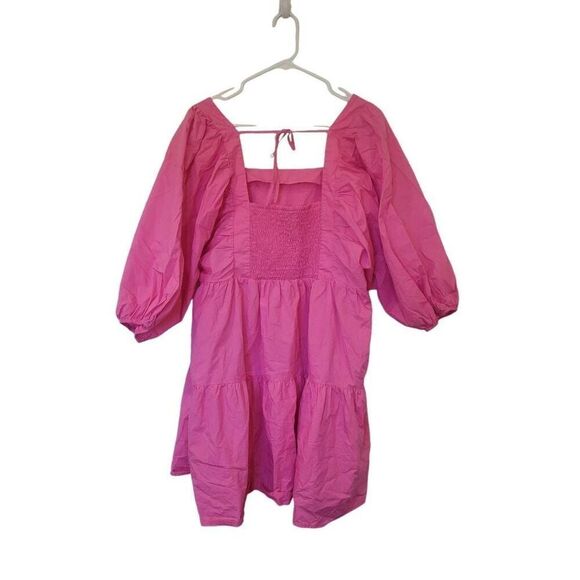 A New Day Women's Hot Pink Cotton Puff Sleeves Baby Doll Tiered Dress w Pockets - Picture 8 of 16